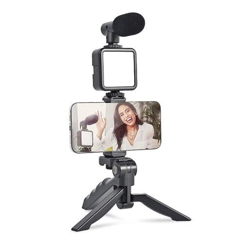 Plokama PK-773 4-in-1 Professional Video Making Kit | Smartphone Vlogging Rig with LED Light, Microphone & Tripod