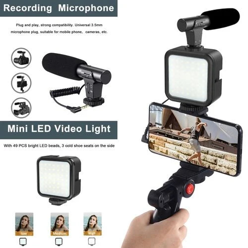 Plokama PK-773 4-in-1 Professional Video Making Kit | Smartphone Vlogging Rig with LED Light, Microphone & Tripod