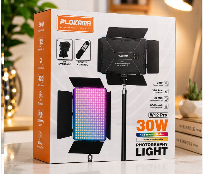 PLOKAMA W12 30W Photography Light with Barn Doors & Remote Control