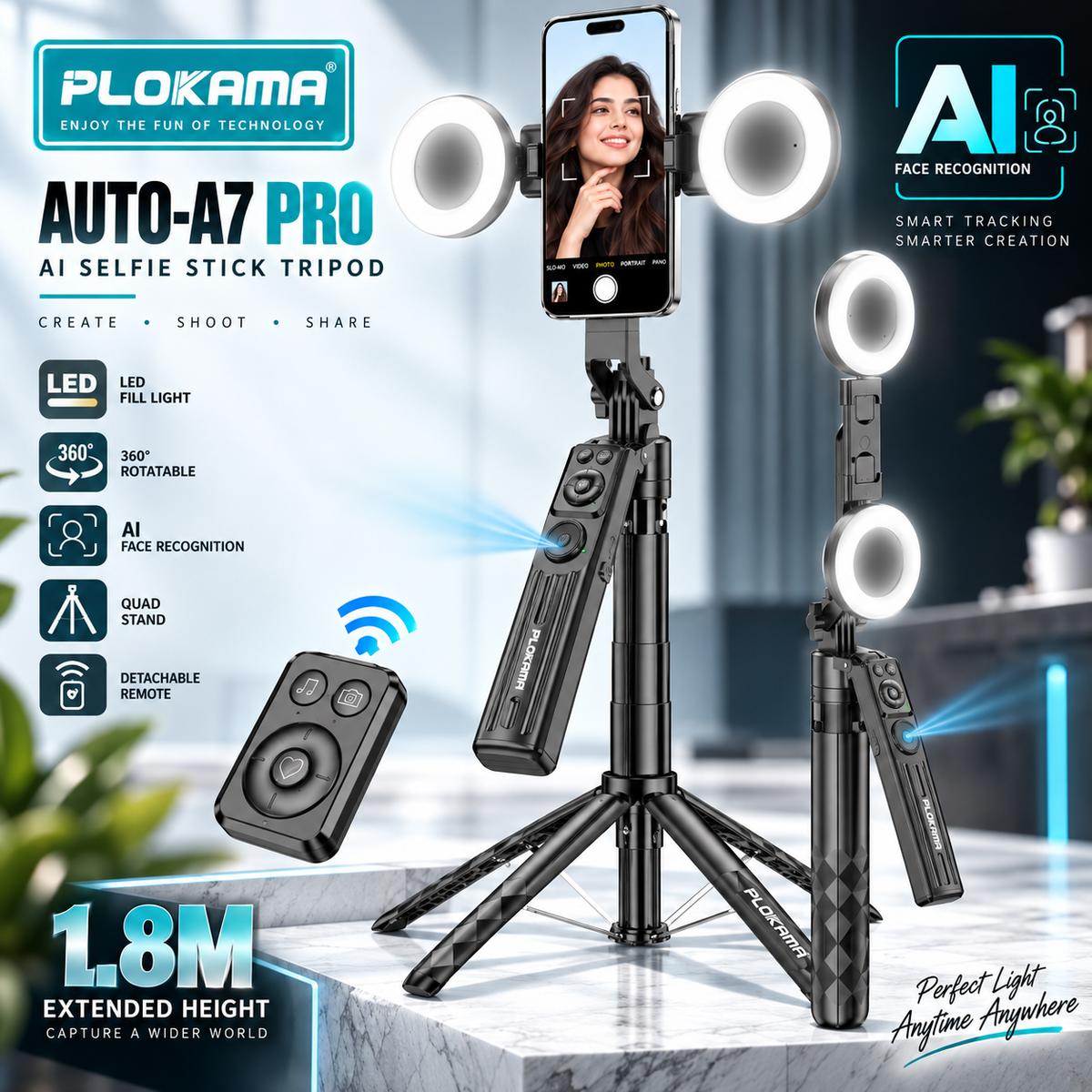 PLOKAMA AUTO-A7 PRO AI Intelligent 360° Face Tracking Selfie Stick Tripod