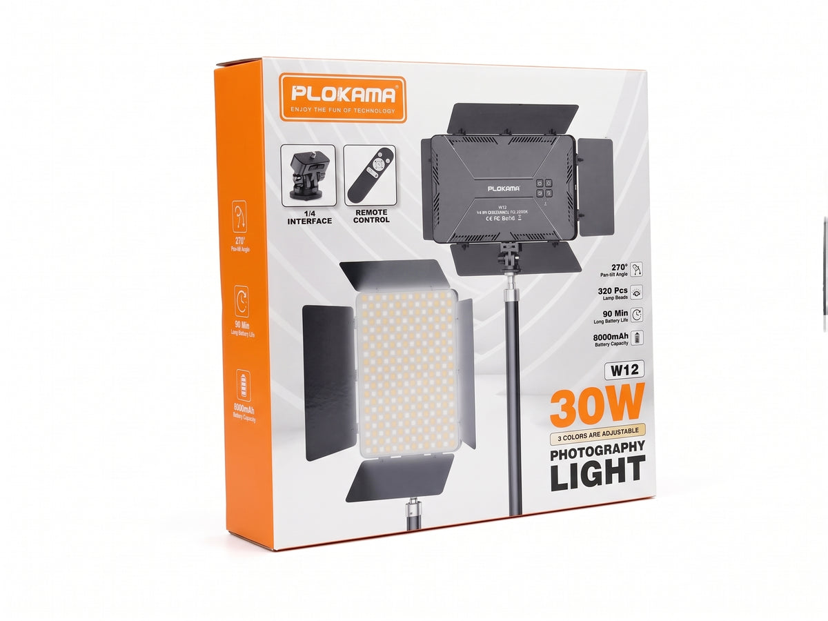 PLOKAMA W12 30W Photography Light with Barn Doors & Remote Control