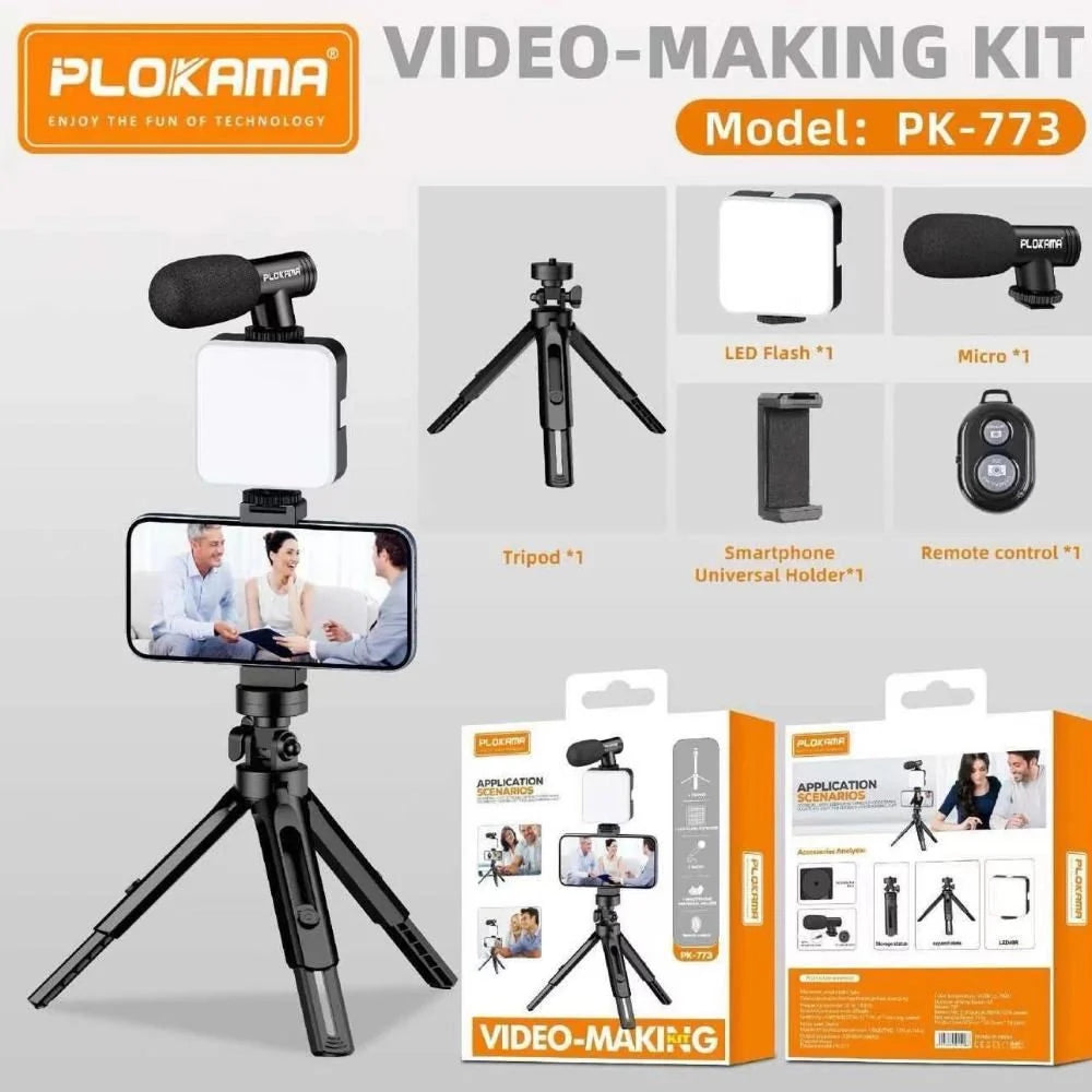 Plokama PK-773 4-in-1 Professional Video Making Kit | Smartphone Vlogging Rig with LED Light, Microphone & Tripod